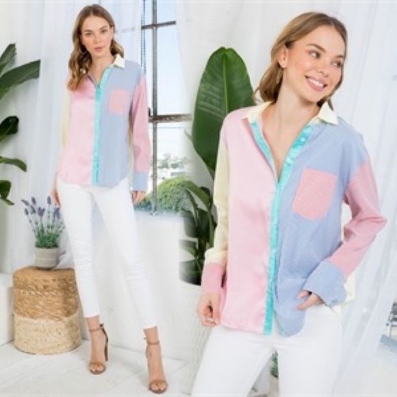 Color block striped button down long sleeve top - Picture 5 of 7